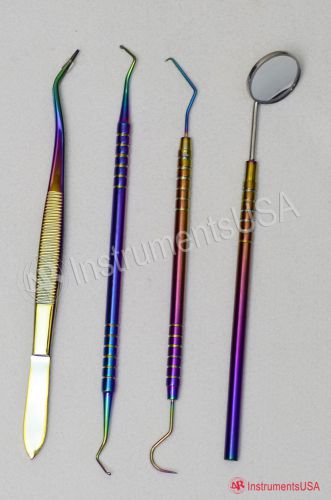 Examination Set of 4 Instruments Dental Explorers Sickle Scaler Tweezer Mirror