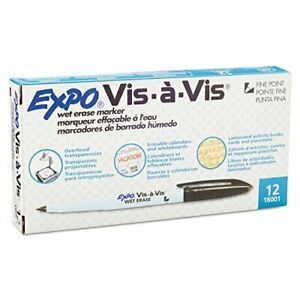 Expo Vis-A-Vis Wet-Erase Overhead Transparency Markers Black Fine Point 2 Dozen