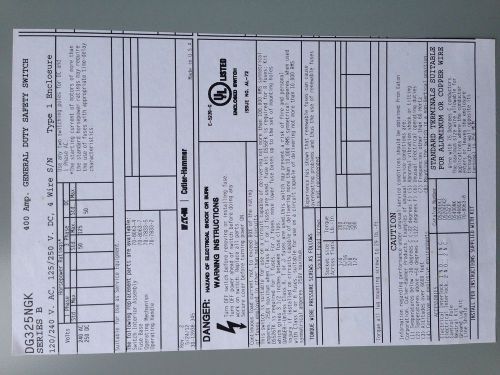 400 AMPS GENERAL DUTY SWITCH, 120/240 V AC 4 WIRE TYPE 1 ENCLOUSERE