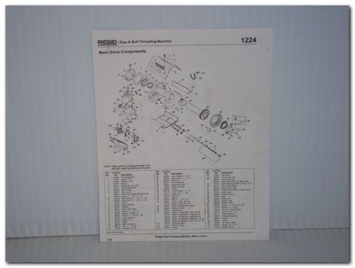 Ridgid 1224 main drive components pipe &amp; bolt threading machine parts diagram for sale