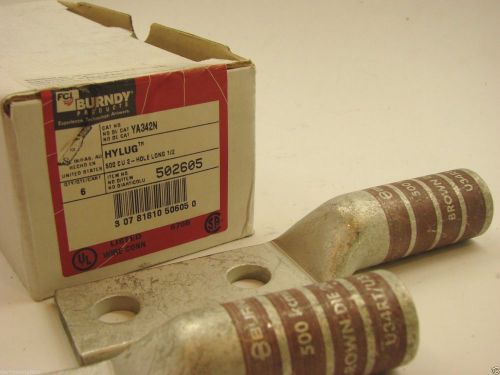 Burndy hylug ya342n  2-hole long crimp connector lug 500k box of 6 brown b72/79 for sale