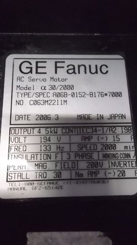 GE FANUC A06B-0152-B176#7000 AC SERVO MOTOR 133HZ, 194V *USED*