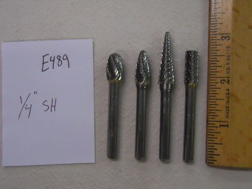 4 NEW 1/4&#034; (.250) SHANK CARBIDE BURRS. DOUBLE &amp; SINGLE CUT. USA MADE {E489}