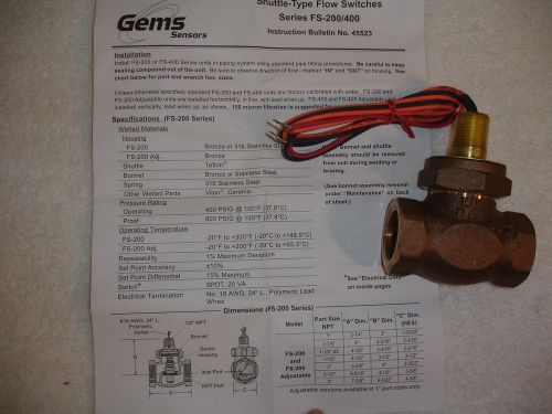 Shuttle Type Flow Switch GEMSFS-200  1&#034; NPT, 1.0 GPM  #FS-200 Series  P/N 27052