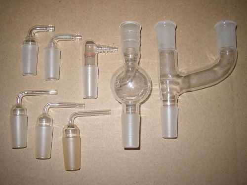 Lot of distillation adapters. splash, bump, gas, vacuum, hose, 90 degree, 24/40. for sale