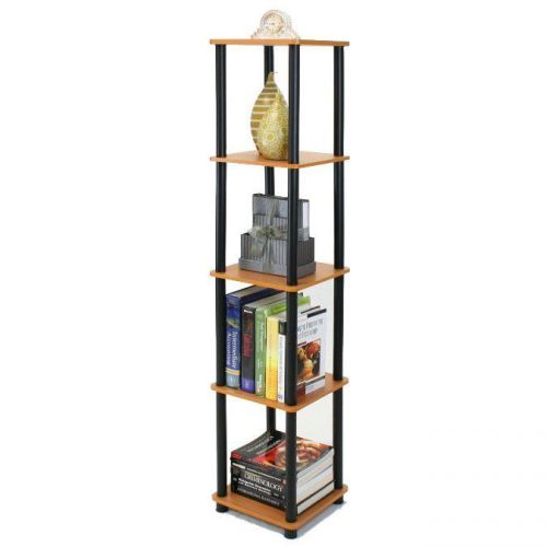 FURINNO 5-Tier Tube Corner Square Rack Display Shelf, 99132, Light Cherry Finish