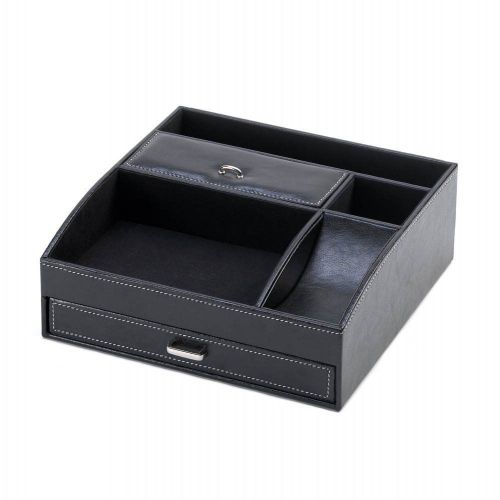 Stationery Desk Organizer Rich Black Faux Leather w Multiple Storage Compartment