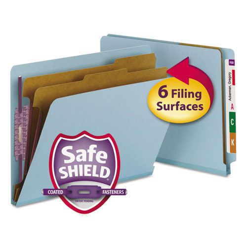 Pressboard End Tab Classification Folders, Letter, Six-Section, Blue, 10/Box