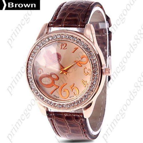 Heart big numbers rhinestones pu leather ladies quartz wristwatch women&#039;s brown for sale