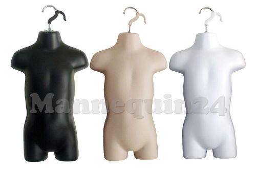 3 MANNEQUINS -White,Flesh,Black Toddler Body Forms w/Stand +Hanging Hook 135WFB