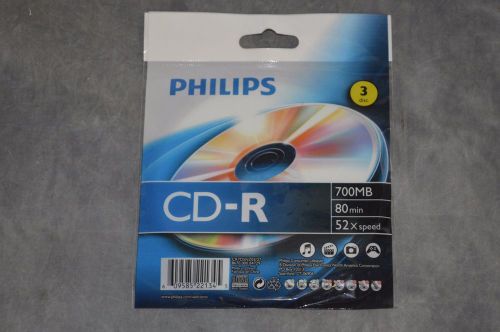 BRAND NEW - PHILIPS CD-R 700MB 80 Min. 52x Speed Blank 3 Pack - Free Shipping!!!