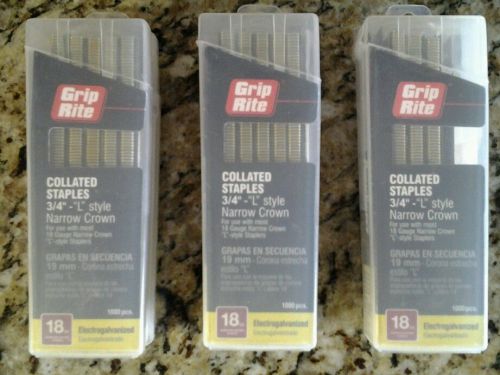 Lot of 3 grip rite 18 gauge 3/4&#034;-&#034;l&#034; style narrow crown collated staples for sale