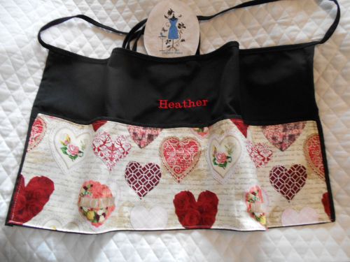 Black Server  3 Pocket Waitress Waist Apron Pretty Hearts Name FREE Lady Pizazz