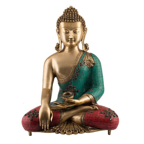 1.7 ft Large Buddha Statue Turquoise Brass Coral Tibetan Buddhism Tibet Buddhist