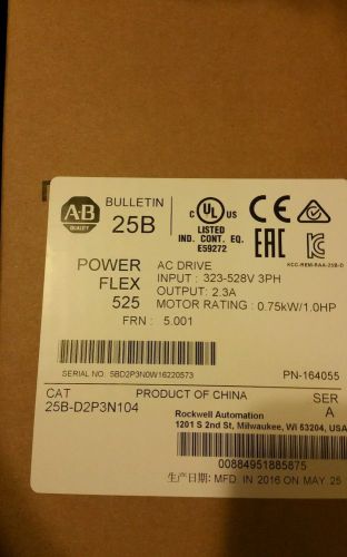 NEW ALLEN BRADLEY 25B-D2P3N104 POWERFLEX 525 1.0HP, 323-528V, 25BD2P3N104 Drive