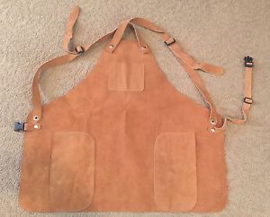 Suede Leather Bib Apron Blacksmith Welding Mechanic Shop Woodworking 3 Pockets