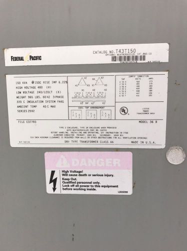 150kva pri: 480 sec: 240/120lt delta wye federal pacific transformer for sale