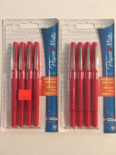 8 Paper Mate Flair Felt Tip Pens, Red Ink, Medium Point, 2 Packs NEW