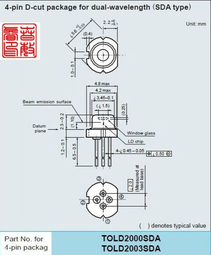 New Toshiba TOLD2003SDA 4 pin type double wavelength Laser Diode D-cut package