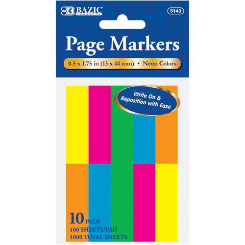 BAZIC 100 Ct. 0.5&#034; X 1.75&#034; Neon Page Marker (10/Pack), Case of 144