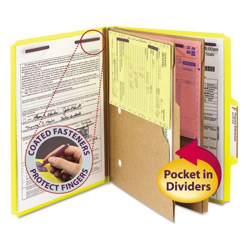 Pressboard Folders with Two Pocket Dividers, Letter, Six-Section, Yellow, 10/Box