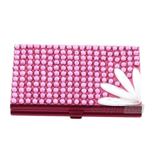 Business Name Credit ID Card Holder Case Wallet Rhinestone Crystal Glass Fuchsia