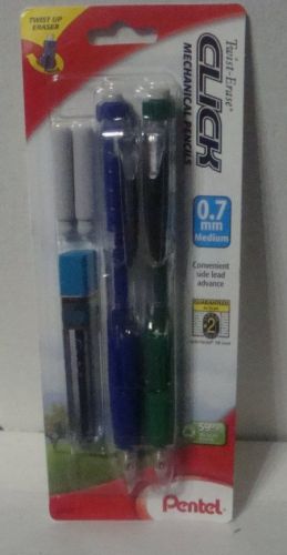 2  pentel twist-erase side click mechanical pencils blue/green barrels 0.7mm for sale
