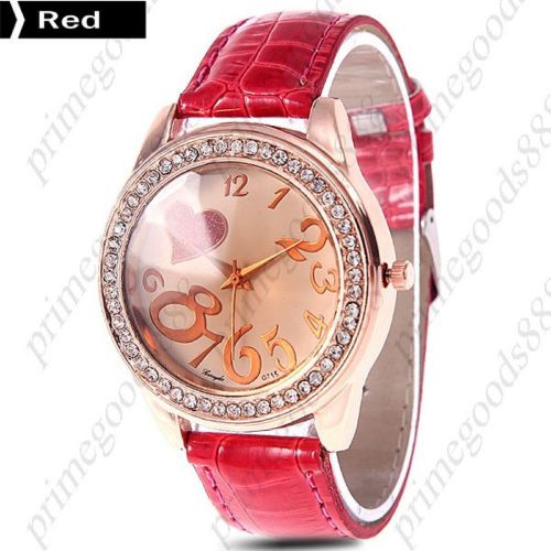 Heart big numbers rhinestones pu leather ladies quartz wristwatch women&#039;s red for sale