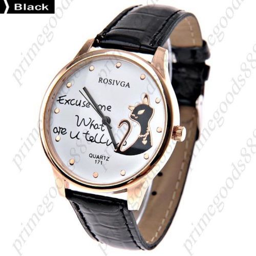 Cat round case pu leather quartz wrist wristwatch free shipping women&#039;s black for sale