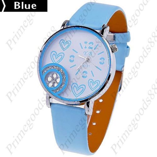 Hearts flower rhinestone synthetic leather quartz wrist wristwatch women&#039;s blue for sale