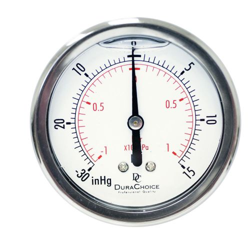 2-1/2&#034; Oil Filled Vacuum Pressure Gauge - SS/Br 1/4&#034; NPT Center Back -30HG/15PSI