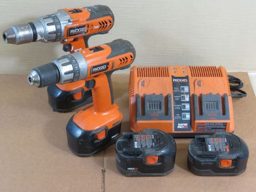 Lot,2 Ridgid 14.4V Cordless Drills,4 Batteries,140276002 Dual Rapid Charger