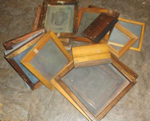 WOODEN SLIK SCREEN LOT WOODEN 17 W/Silk, 2 W/Wire 2 SQUEEGEES, SPEEDBALL 12