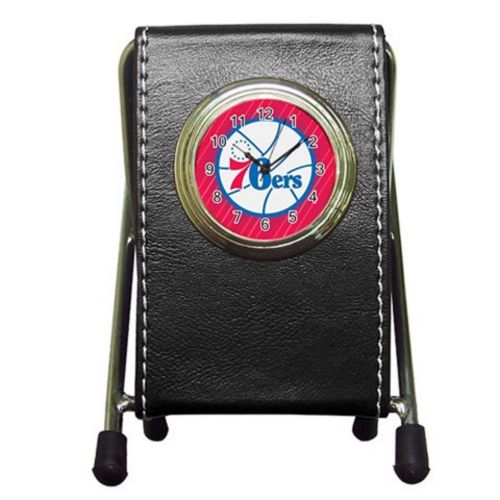 Custom Philadelphia 76ers Leather Pen Holder Desk Clock (2 in 1) Free Shipping