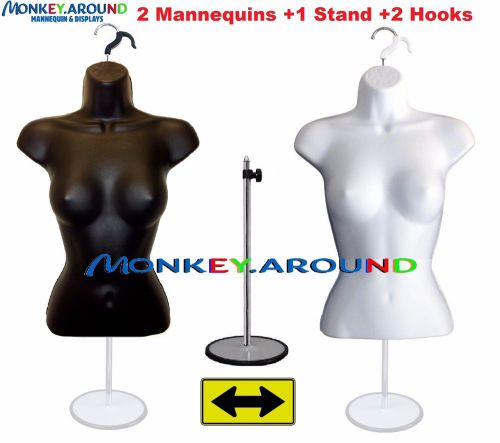 2 Female Mannequin Torso Form White Black +2 Hanger +1 Stand Display Shirt Dress