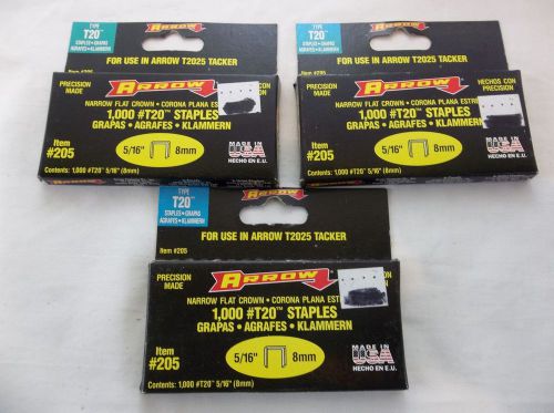 (3) Box Arrow #205 Staples Narrow Flat 5/16&#034; 8mm 1000Pc Swingline Powerfast,Ace