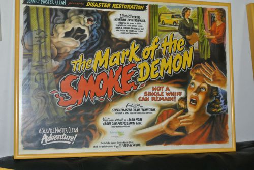 VINTAGE SERVICEMASTER POSTER FRAMED SMOKE DEMON THEME DISASTER RESTORATION