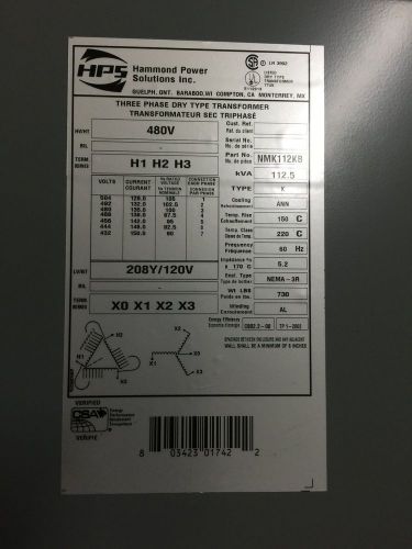 112.5 kva 3 phase dry type transformer hammond power solutions part no. nmk112kb for sale