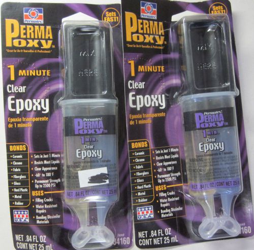 Lot of 2 Permatex Perma-Oxy clear epoxy 2500psi strength 1 min. 60 seconds 25mL