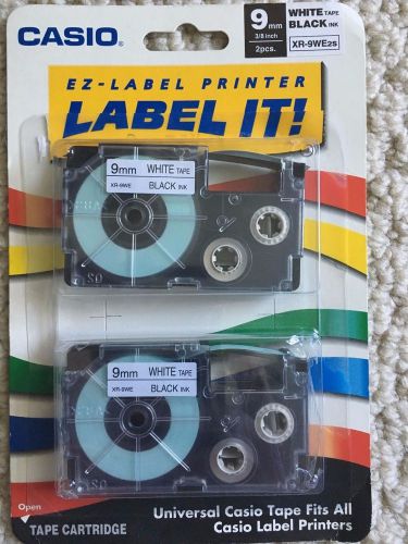 2 x Casio Label It Printer Labels XR-WE2s, 9mm, 3/8&#034; White Tape / Black Ink