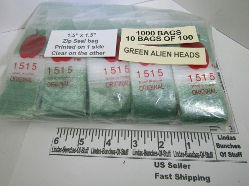1000 GREEN ALIEN HEADS ON CLEAR BAGS 1 1/2 X 1 1/2&#034; 2 MILL PLASTIC ZIP SEAL BAGS