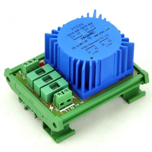 P 230vac, s 2x 15vac, 25va din rail mount toroidal power transformer module. for sale