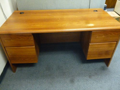 Large, double pedestal, light brown-colored office desk, laminated style (c120) for sale