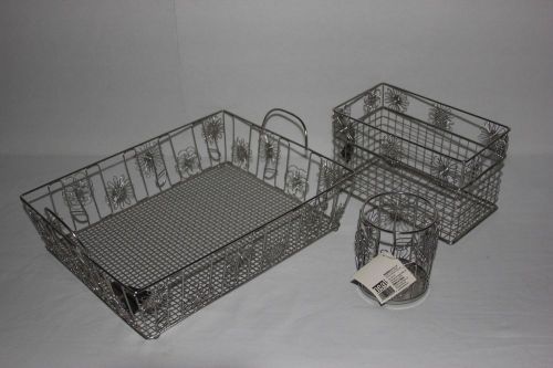 3 Piece Adorable Silver Wire Mesh Floral Doodles Desk Office Organizer