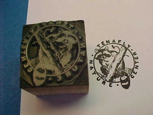 Letterpress printers block &#034;TENAFLY NATURE CENTER&#034; Animal Preserve,Racoon,Branch