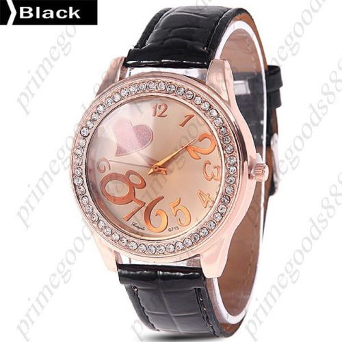 Heart big numbers rhinestones pu leather ladies quartz wristwatch women&#039;s black for sale