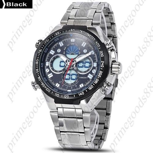 Stainless Steel Analog Digital Date LED Black Face Wrist Wristwatch Men&#039;s Silver