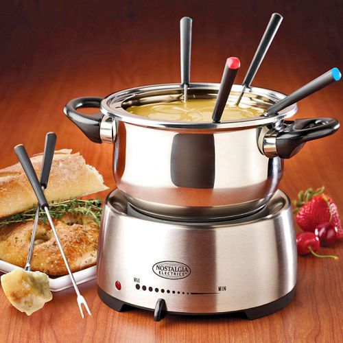 STAINLESS STEEL FONDUE SET ~ MELTING POT &amp; FORKS ~ NOSTALGIA ELECTRICS FPS-200