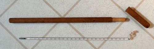 Thermometer - glass, 0-230&#039; 16&#034; long with wood case. for sale