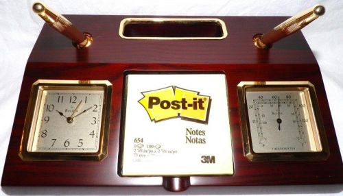 New Bulova Mahogany Clock Desk Set B7250 Thermometer Pens Bus Card Notes